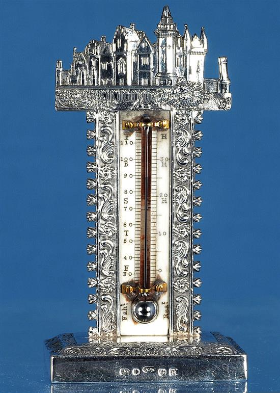 A rare William IV novelty silver castle top thermometer, by Joseph Wilmore, Height 94mm Gross weight 1oz/33grms